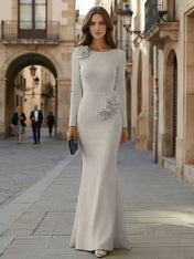 Elegant Pure White Formal Evening Dress Long-Sleeve 3D Floral Crepe Maxi Dress Gown