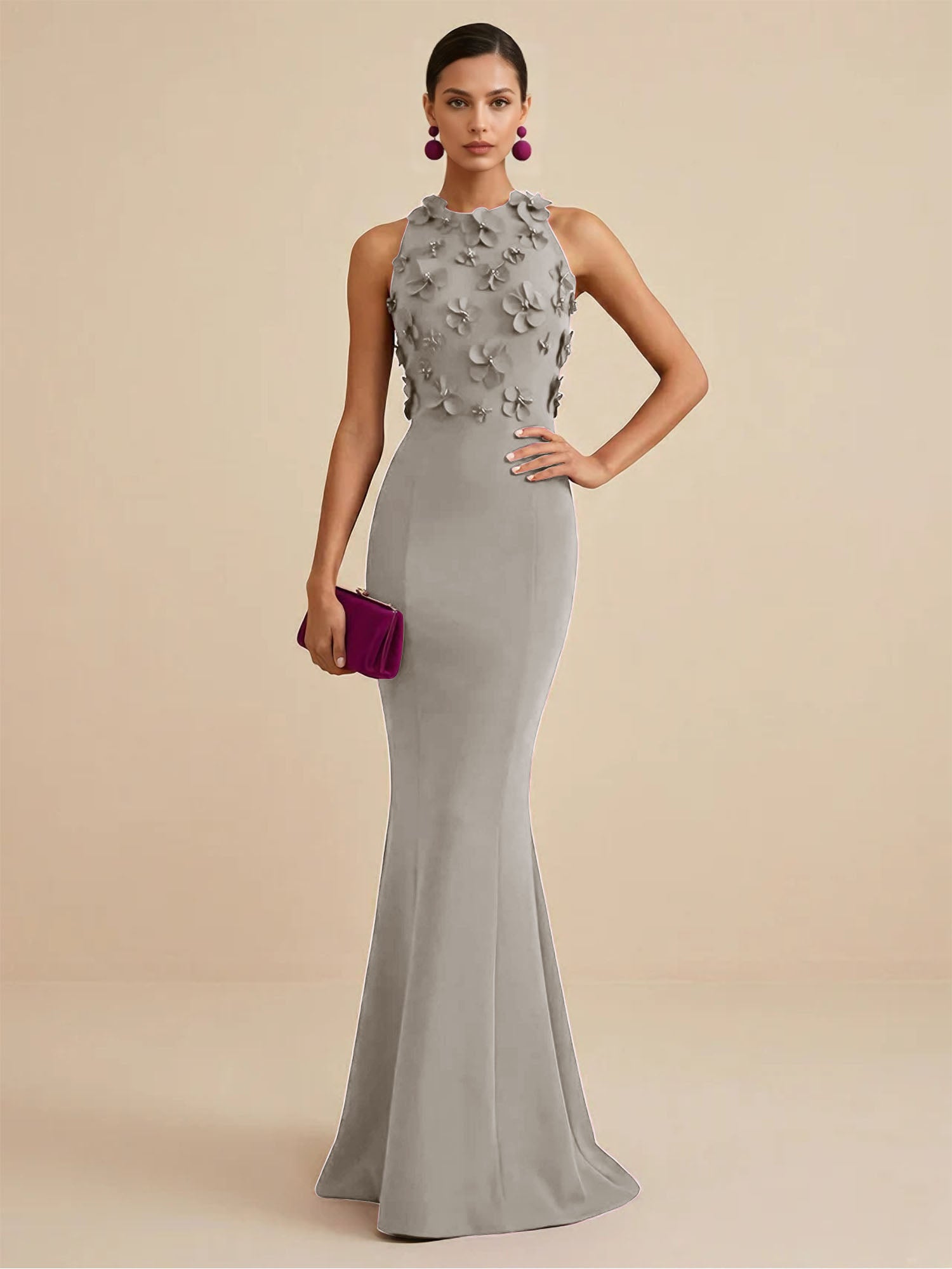 Deep Fuchsia Sleeveless High Neck 3D Floral Mermaid Formal Gown Evening Dress