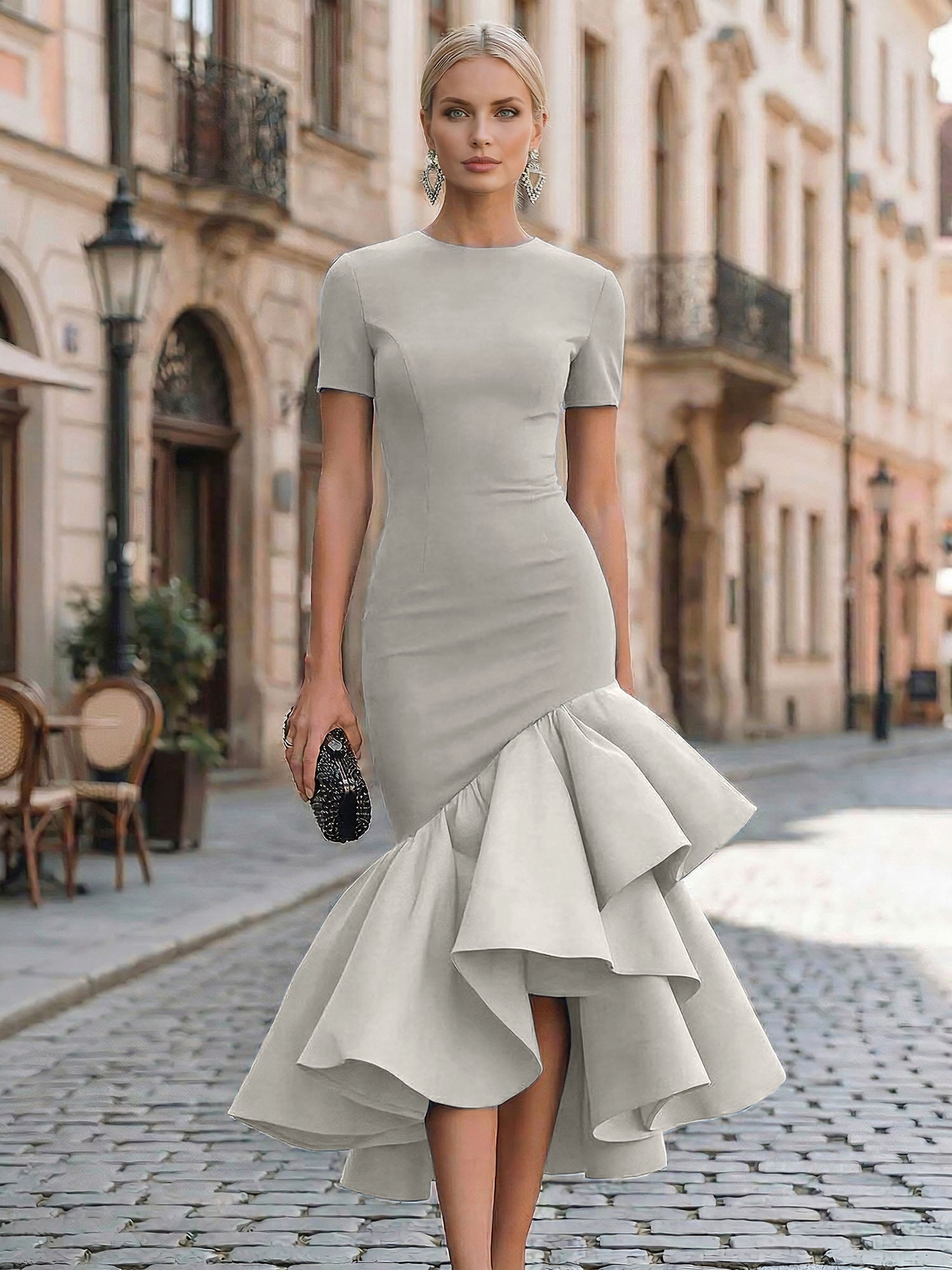 Evening Foraml Gown Avant-Garde Black Short-Sleeve Tiered Ruffle Midi Dress