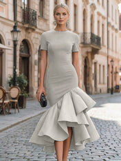 Evening Foraml Gown Avant-Garde Black Short-Sleeve Tiered Ruffle Midi Dress