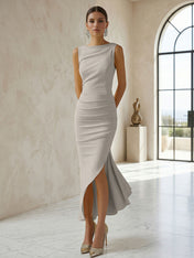 Elegant Formal Evening Gown Butter Yellow Ruched Asymmetrical Midi Dress