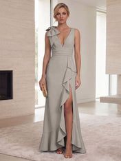 Ice Blue Bow-Accent Ruffle Slit Gown Formal Evening Dress