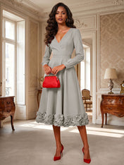 Formal Evening Gown Crimson 3D Rose Hem A-Line Midi Dress