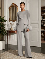 Women's White Two-Piece Set: Buckle Detail Feather-Trimmed Top & Straight-Leg Pants