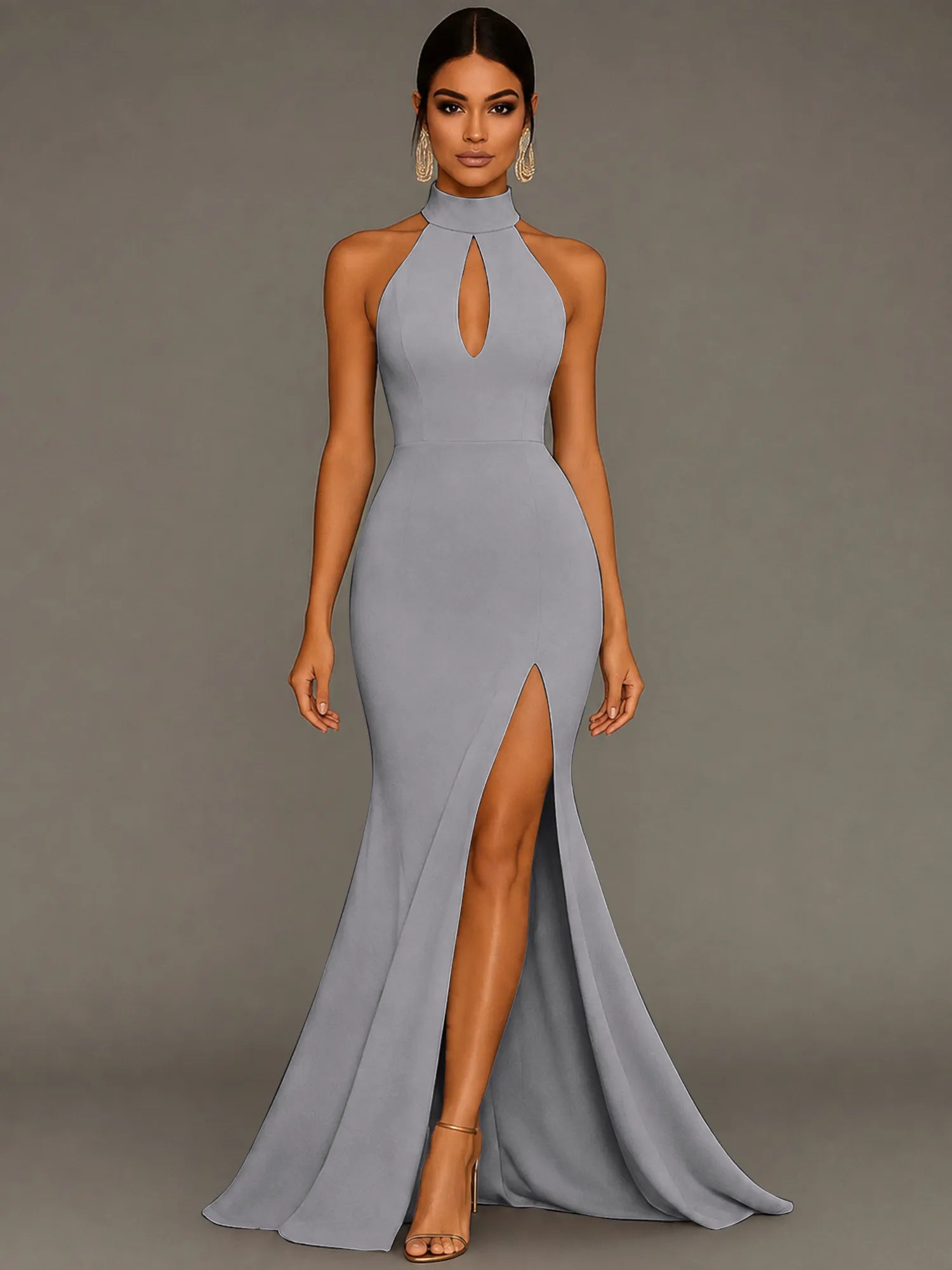 Mermaid Halter Neck Satin Formal Dress with Slit