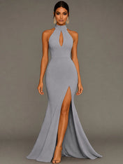 Mermaid Halter Neck Satin Formal Dress with Slit