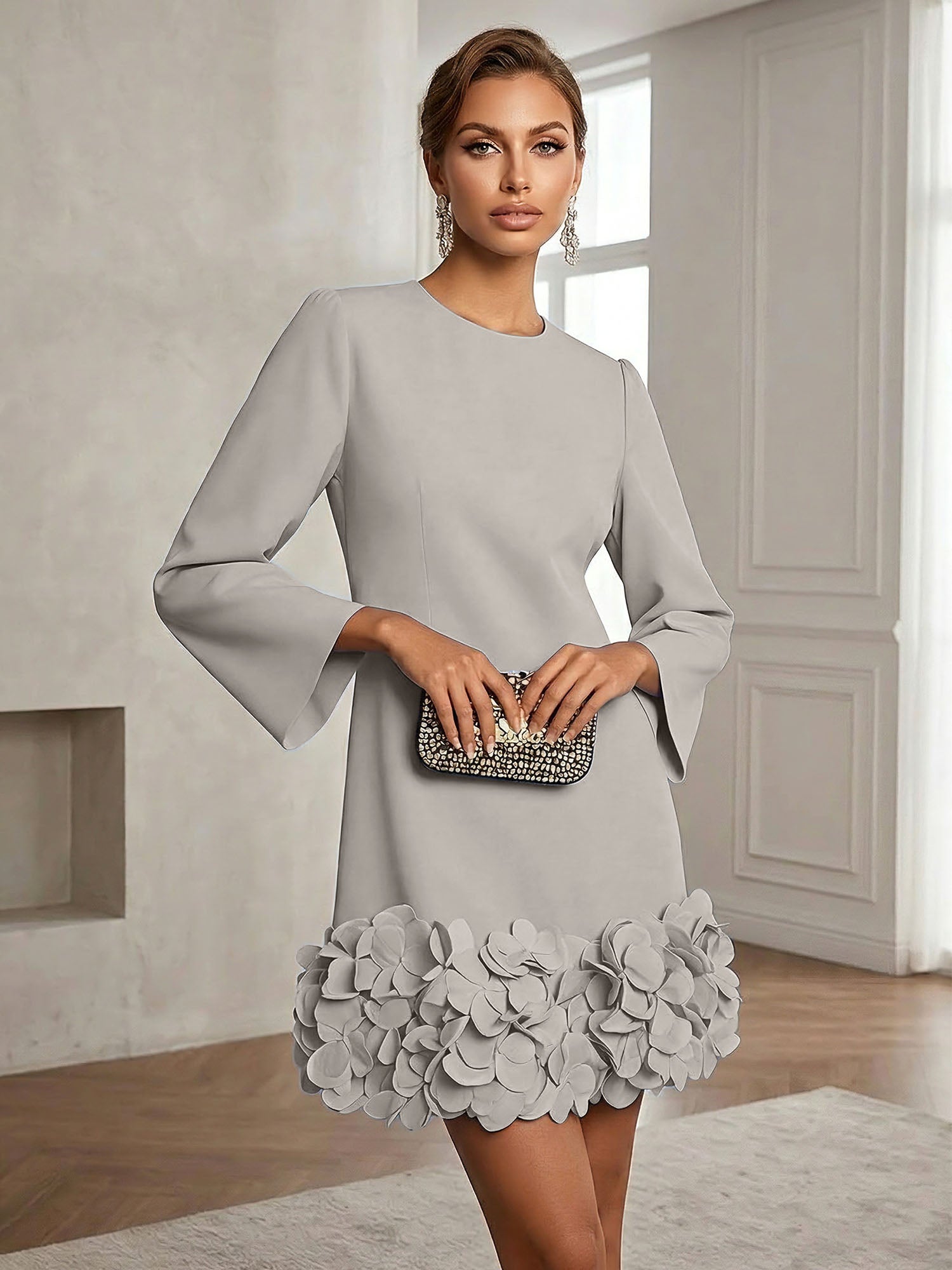 Powder Blue 3D Floral Classic Crew Neck Bell Long Sleeve Shift Mini Dress