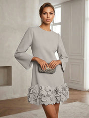 Powder Blue 3D Floral Classic Crew Neck Bell Long Sleeve Shift Mini Dress