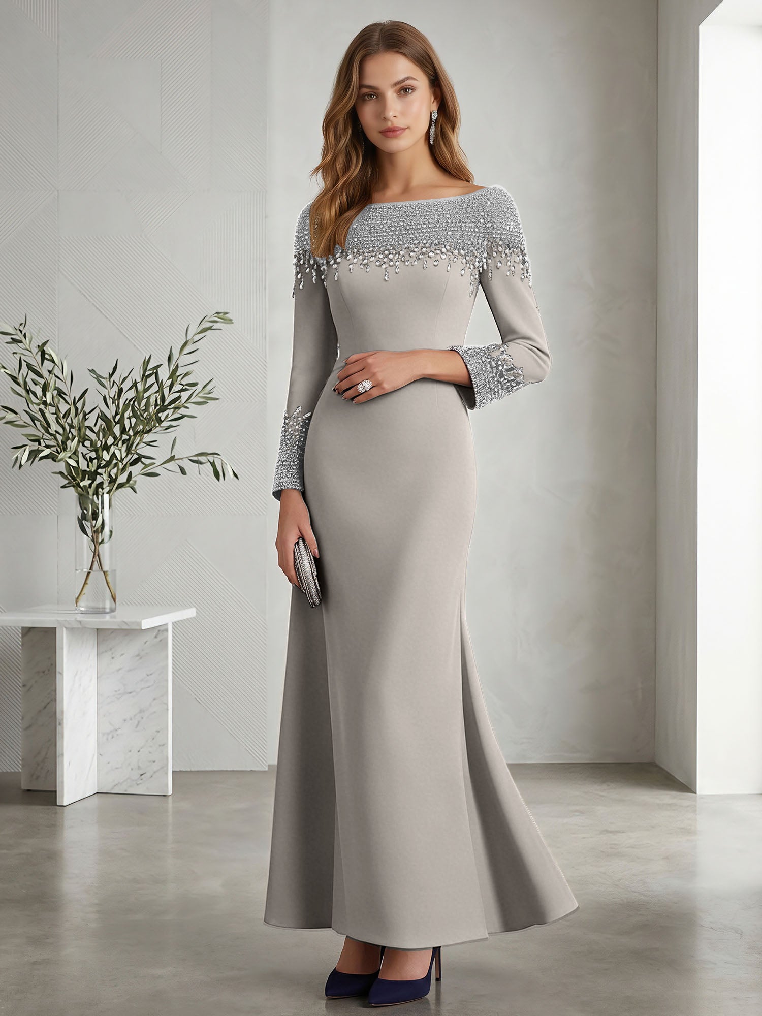 Formal Evening Dress Midnight Navy Velvet Long Sleeves Maxi Dress with Crystal