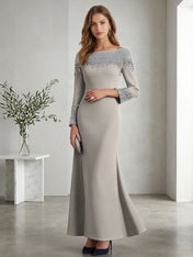 Formal Evening Dress Midnight Navy Velvet Long Sleeves Maxi Dress with Crystal