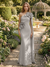 Formal Evening Dress Powder Blue One-Shoulder 3D Floral Cape Gown