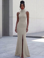 High-Neck Cross-Bodice Sleeveless Maxi Dress