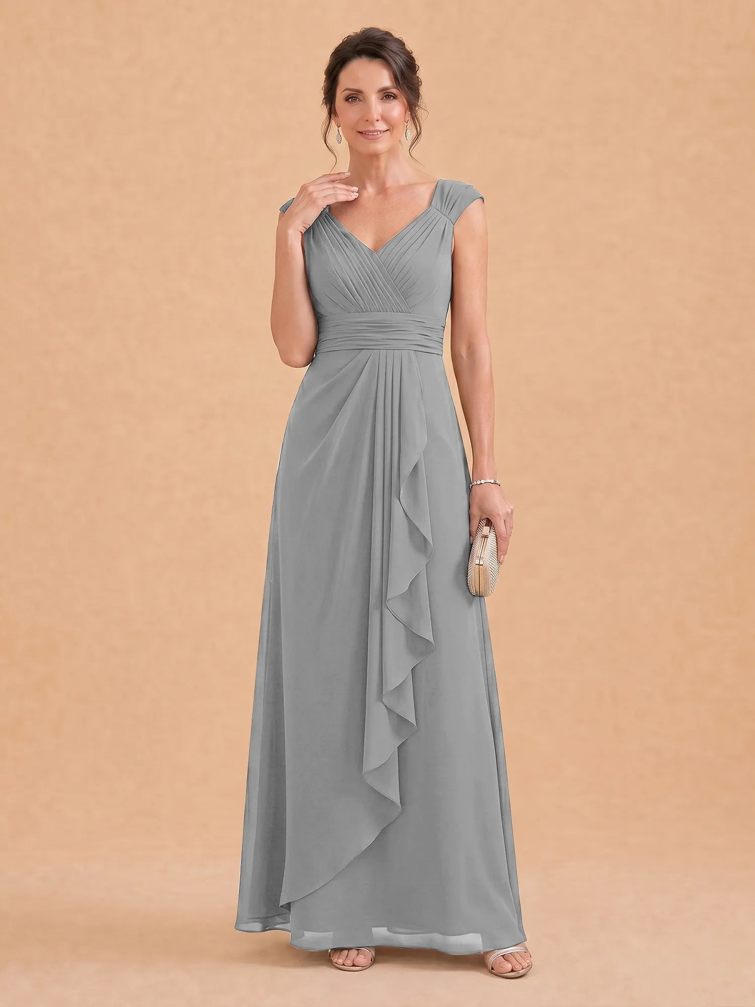 V-Neck Ruched Chiffon A-Line Mother of the Bride Dress with Cascading Ruffle