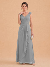 V-Neck Ruched Chiffon A-Line Mother of the Bride Dress with Cascading Ruffle