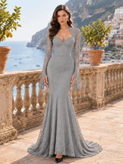 Long-Sleeve Lace-Trimmed Mermaid Evening Dress
