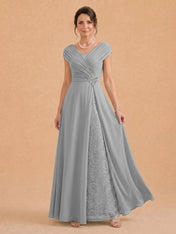 V-Neck Ruched Chiffon A-Line Mother of the Bride Dress with Crystal Brooch