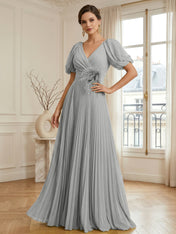 A-Line Chiffon Evening Gown with Feather V-Neck Short Sleeves Formal Dress