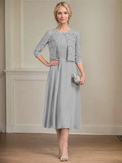 A-line Scoop Tea-Length Chiffon Mother of the Bride Dress With Pleated