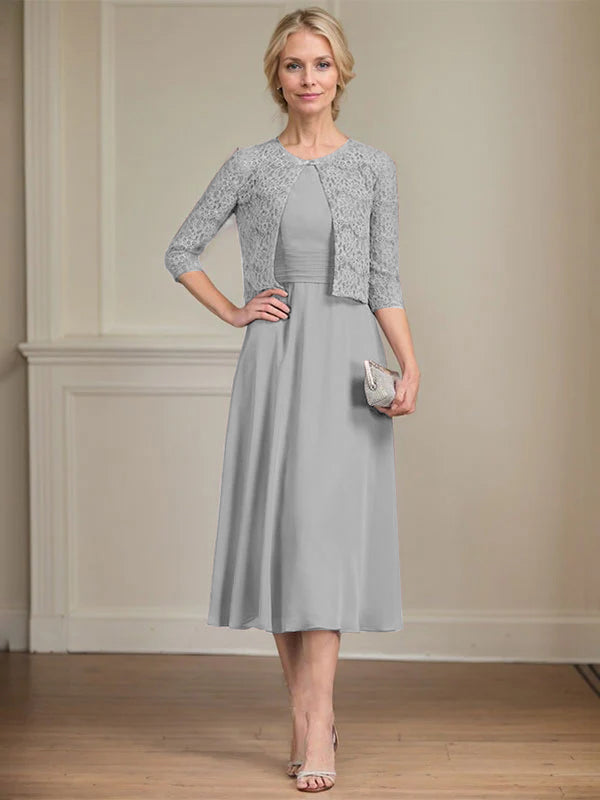 A-line Scoop Tea-Length Chiffon Mother of the Bride Dress With Pleated