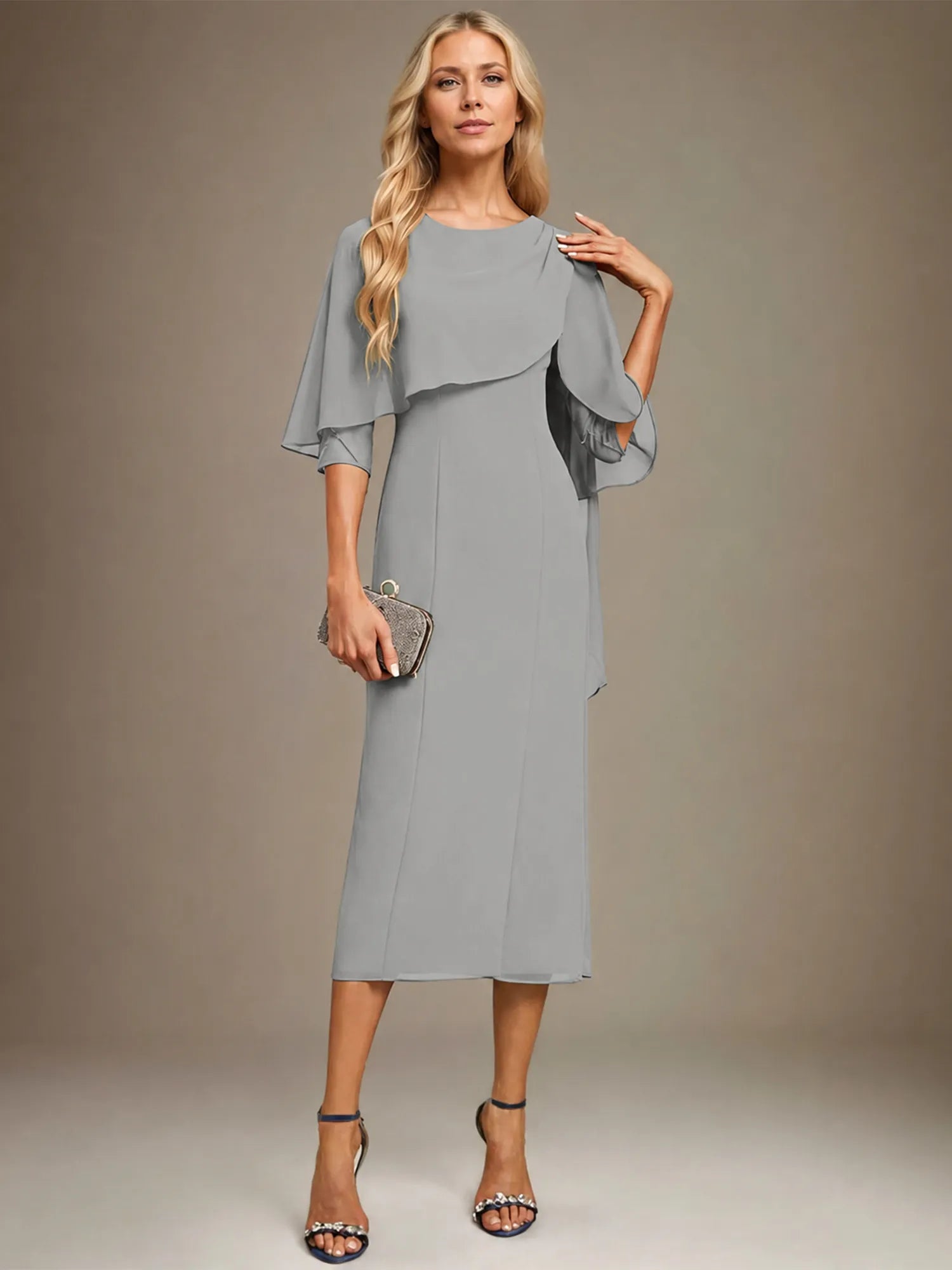 Column Scoop Tea Length Chiffon Dress With Pleated Beading