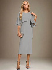 Sheath/Column Scoop Tea Length Chiffon Dress With Pleated Beading