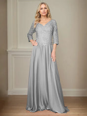 A Line Chiffon V Neck 3/4 Sleeves Floor-Length Mother Of The Bride Dress With Appliques