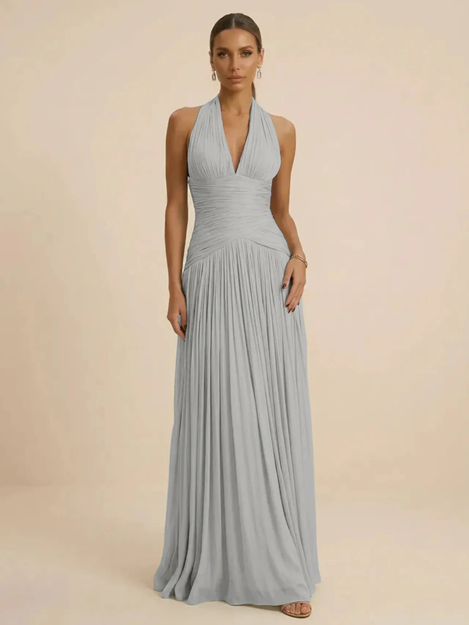 Sage Green Halter Neck Pleated Chiffon Evening Gown with Ruched