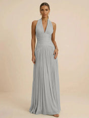 Sage Green Halter Neck Pleated Chiffon Evening Gown with Ruched