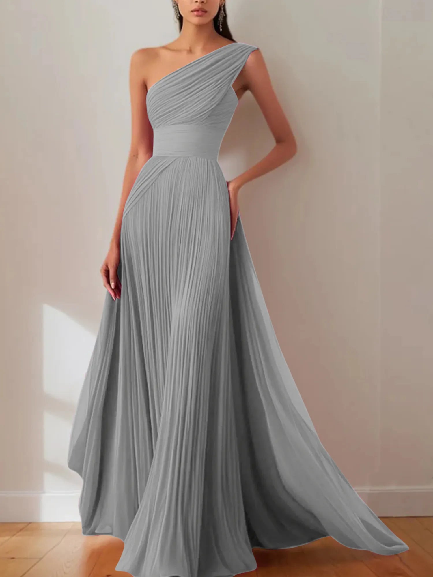 Prom Formal Pleated Dress Rose Color One-Shoulder Maxi Dress