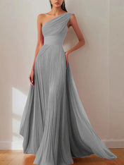 Prom Formal Pleated Dress Rose Color One-Shoulder Maxi Dress