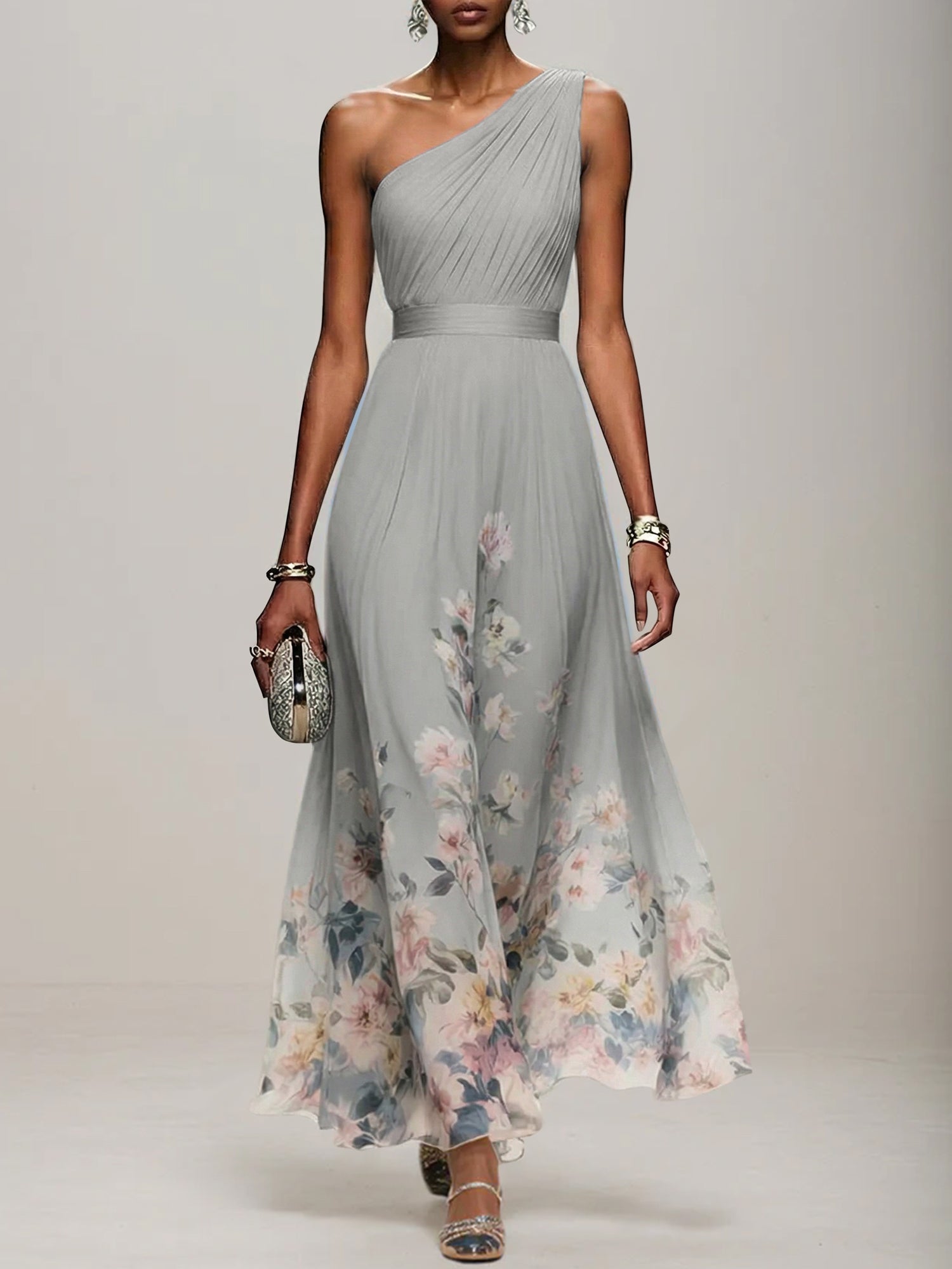 Light Blue Floral Chiffon One Shoulder Sleeveless A-Line Maxi Dress Gown