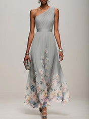 Light Blue Floral Chiffon One Shoulder Sleeveless A-Line Maxi Dress Gown