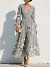 Elegant Floral V-Neck Pleated Midi Dress with Long Sleeves