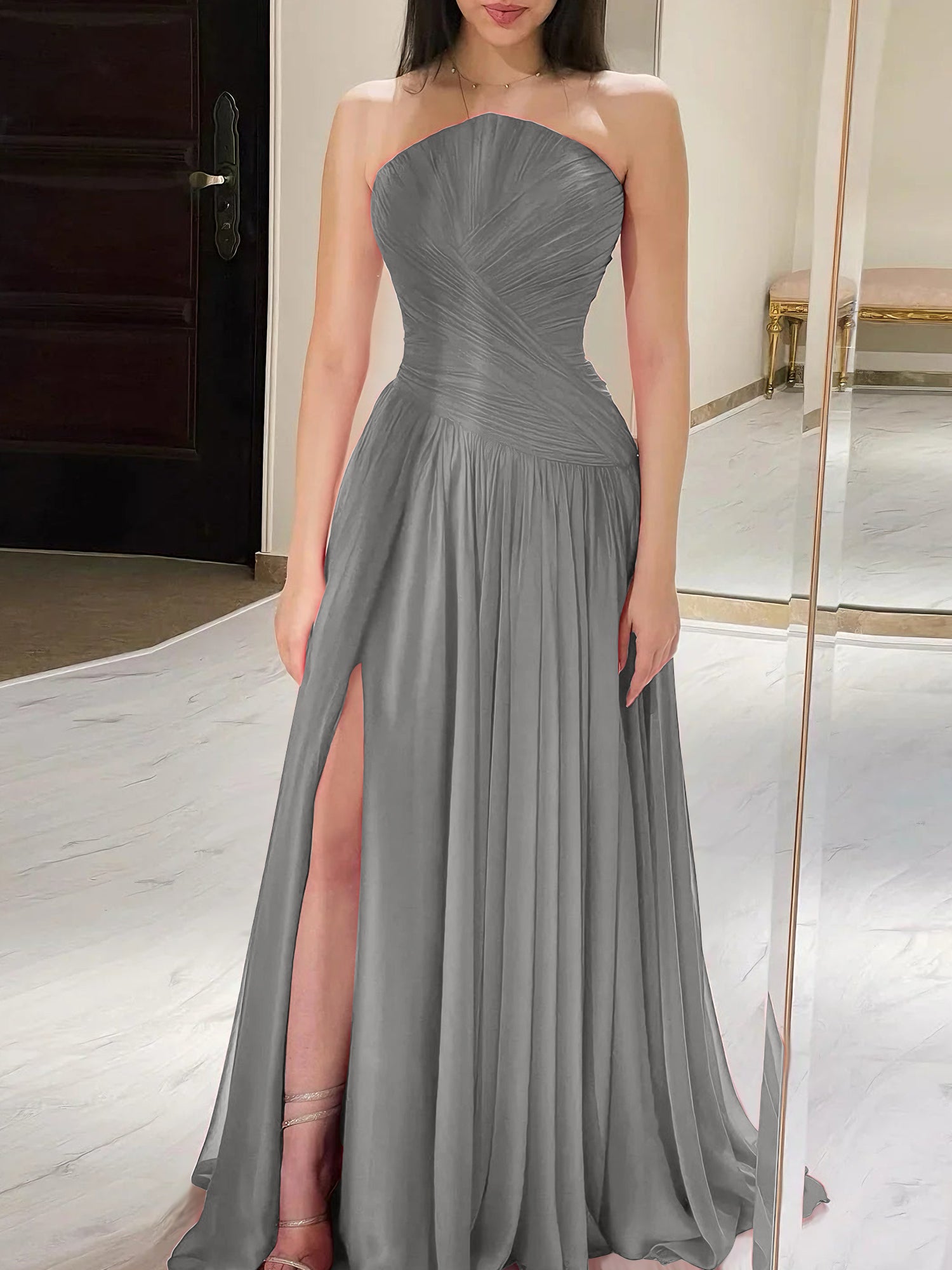 Red Pleated Chiffon Strapless Long Prom Dress with Slit