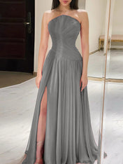 Red Pleated Chiffon Strapless Long Prom Dress with Slit