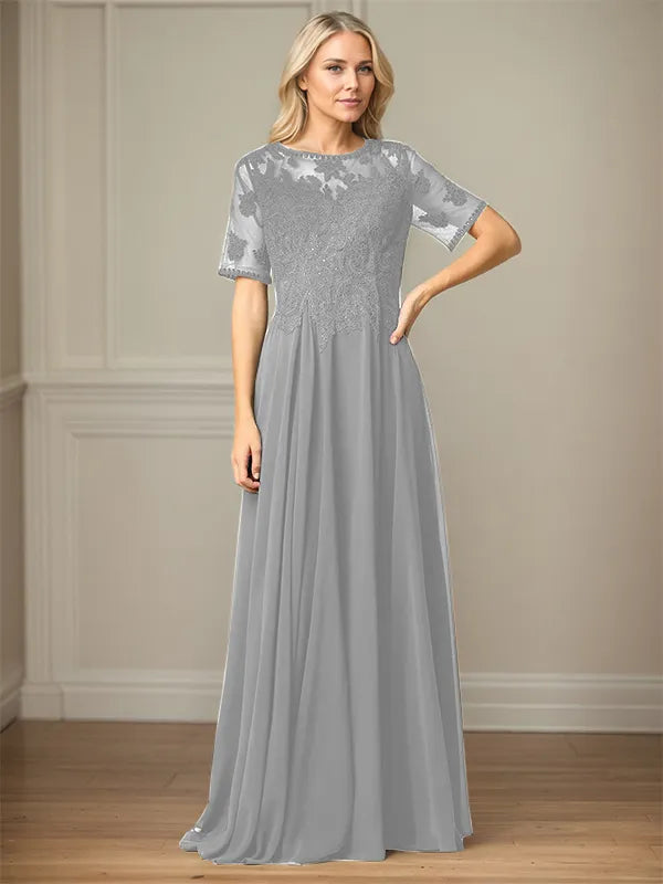 A Line Chiffon Scoop Neck Short Sleeves Floor Length Mother of the Bride Dresses