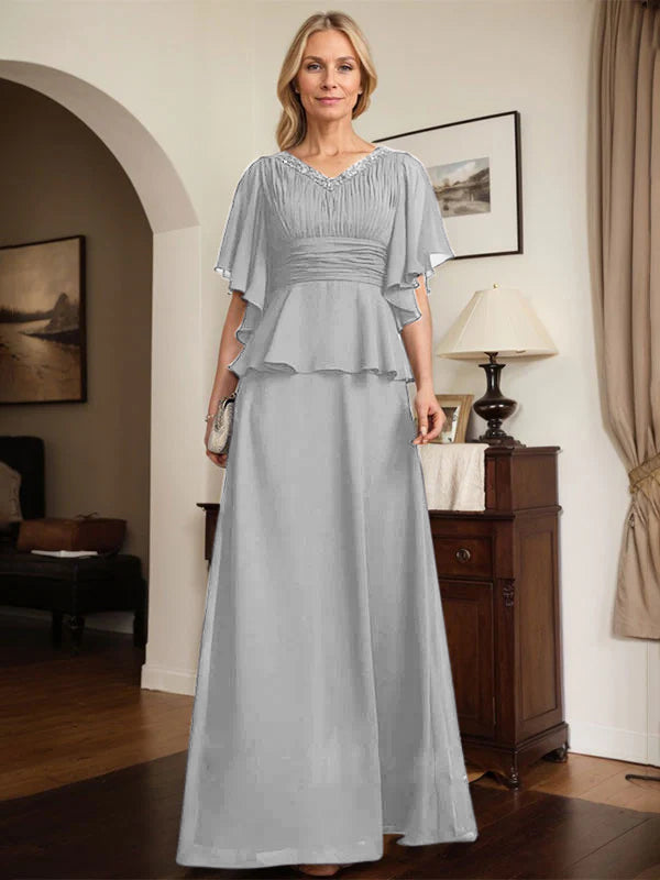 A-line V-Neck Floor-Length Chiffon Mother of the Bride Dress With Pleated Beading