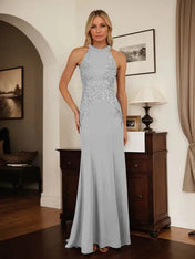 Dusty Blue Sheath Halter Long Mother of Bride Dress With Appliques