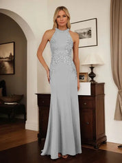 Dusty Blue Sheath Halter Long Mother of Bride Dress With Appliques