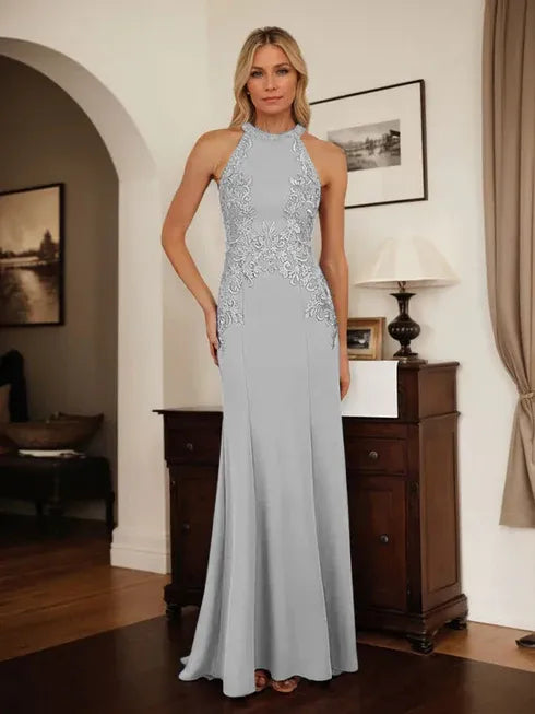 Dusty Blue Sheath Halter Long Mother of Bride Dress With Appliques