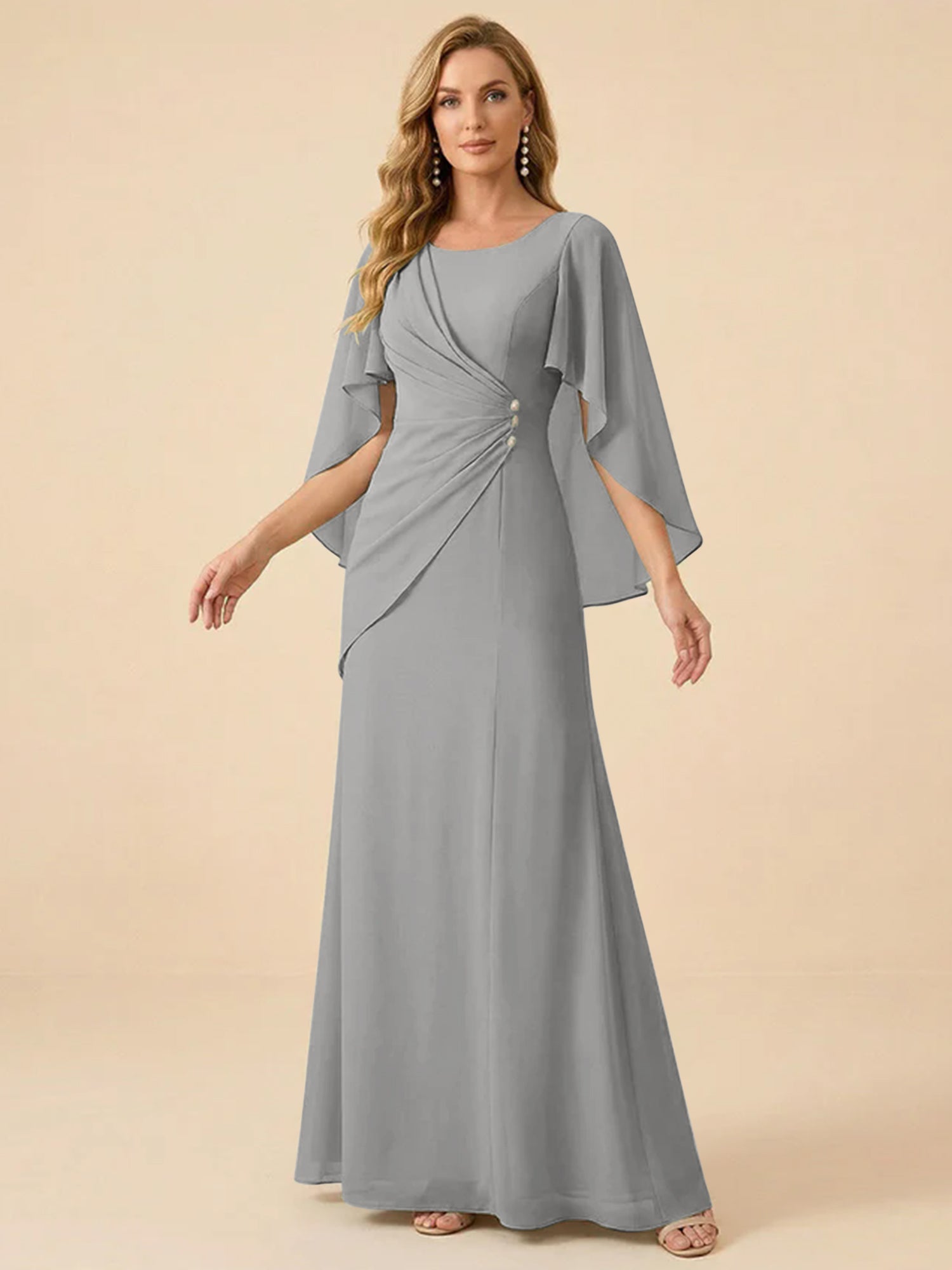 Sage Green Chiffon Beaded Mother of the Bride Dress with Cape Sleeves