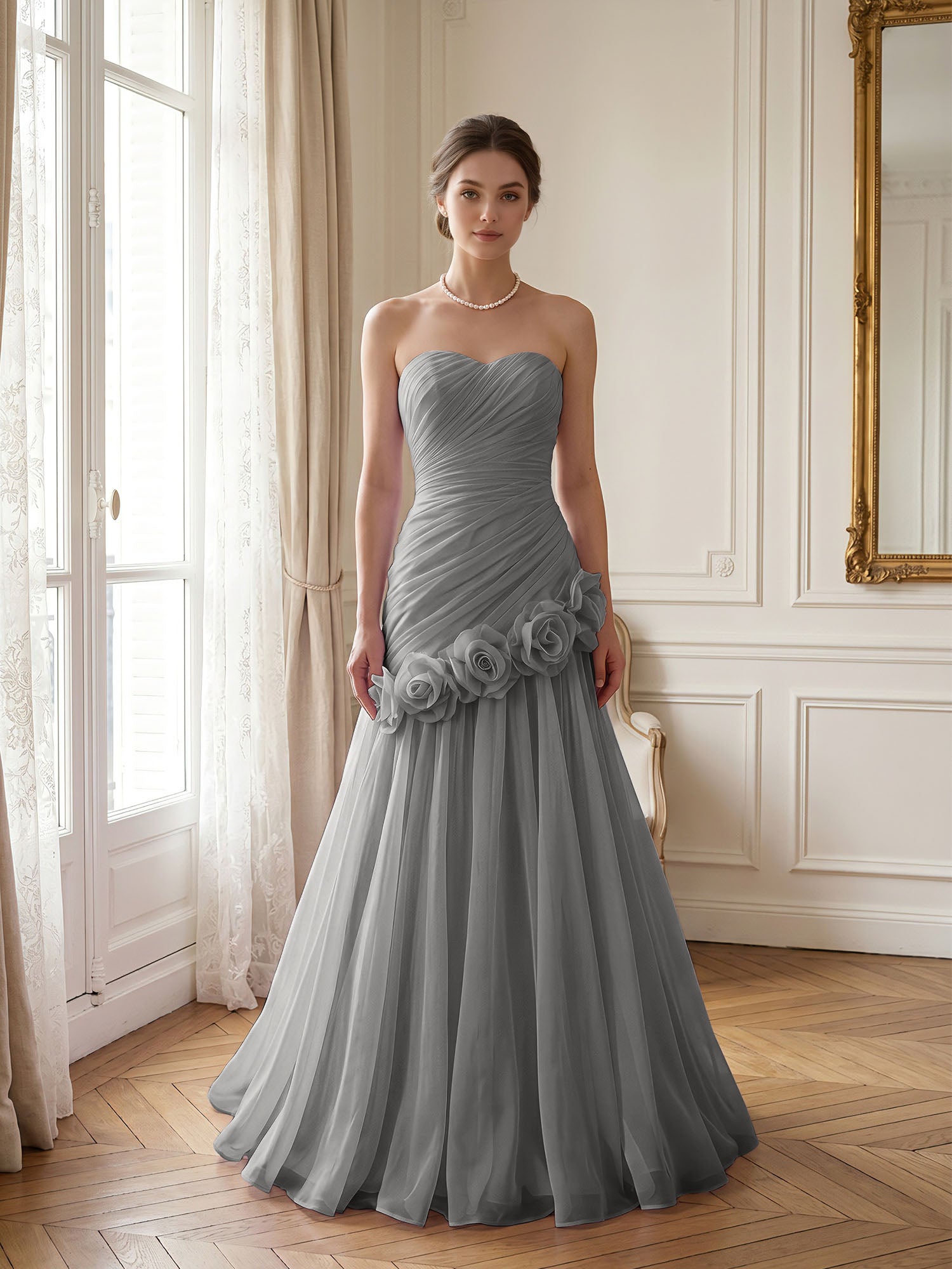 Lilac 3D Rosette Strapless Chiffon Evening Formal Gown Wedding Guest Dress