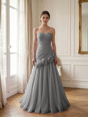 Lilac 3D Rosette Strapless Chiffon Evening Formal Gown Wedding Guest Dress