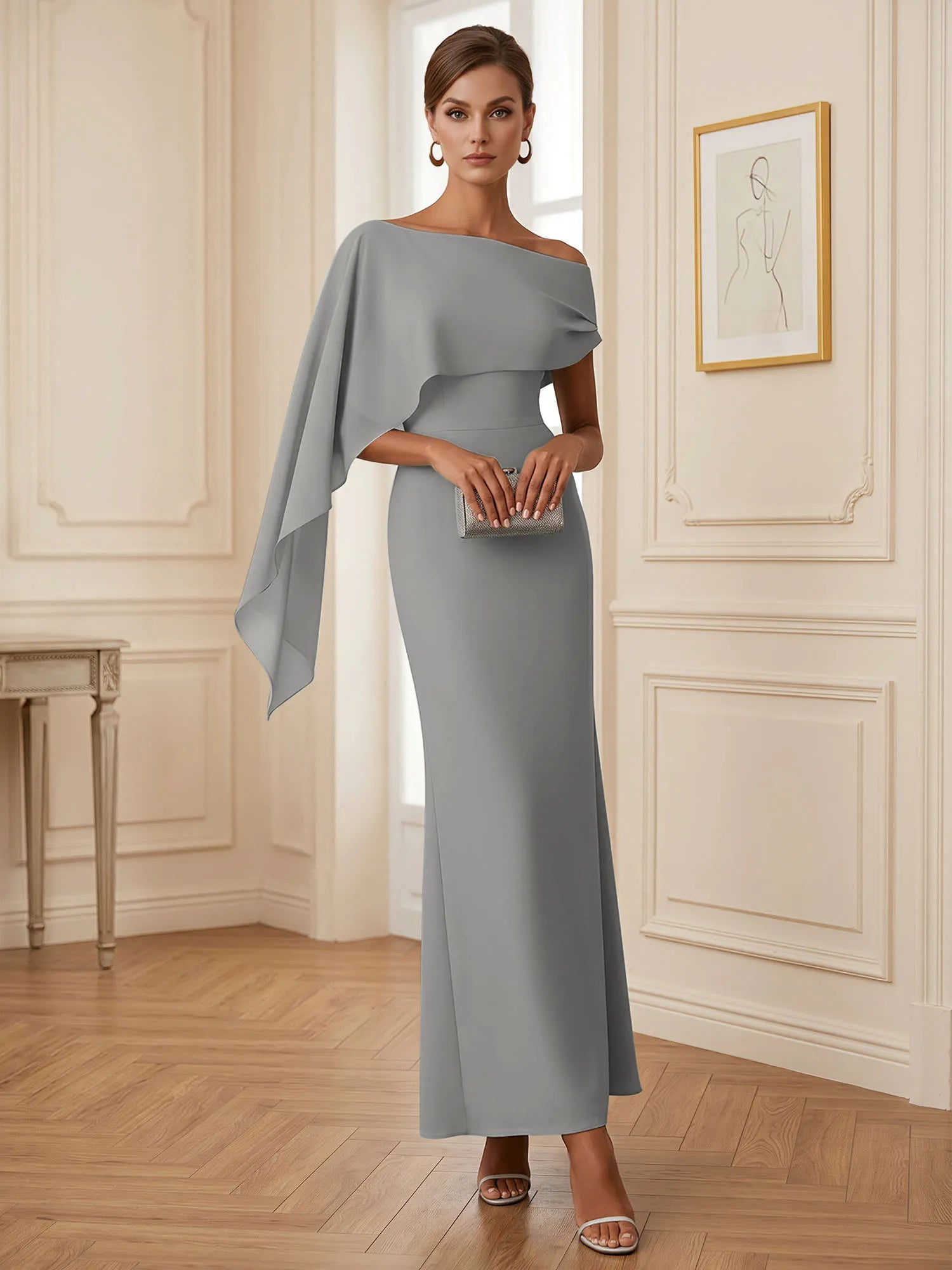 Elegant Mint Green One-Shoulder Chiffon Mermaid Formal Evening Dress with Cape and Ruffles