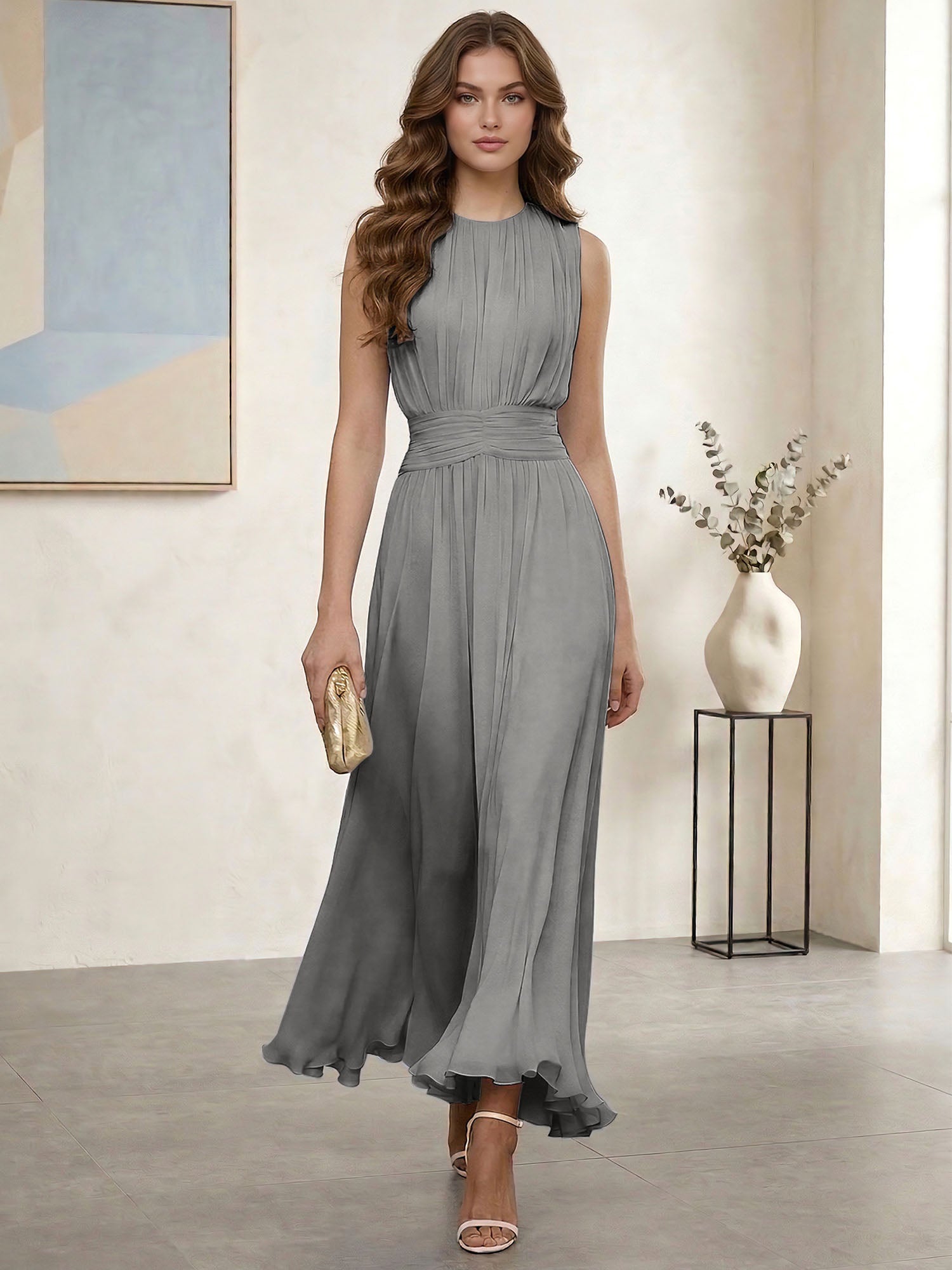 Ethereal Formal Evening Dress Ice Blue Pleated Chiffon Maxi Gown