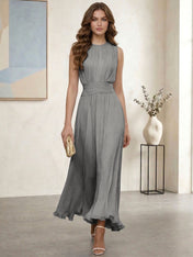 Ethereal Formal Evening Dress Ice Blue Pleated Chiffon Maxi Gown