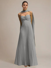 Green Chiffon A Line Off The Shoulder Sleeveless Floor Length Pleated Dress