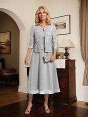 A-line Scoop Tea-Length Lace Chiffon Mother of the Bride Dress With Sequins