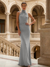 Navy Blue Halter Neck Maxi Dresses Mermaid Evening Dress