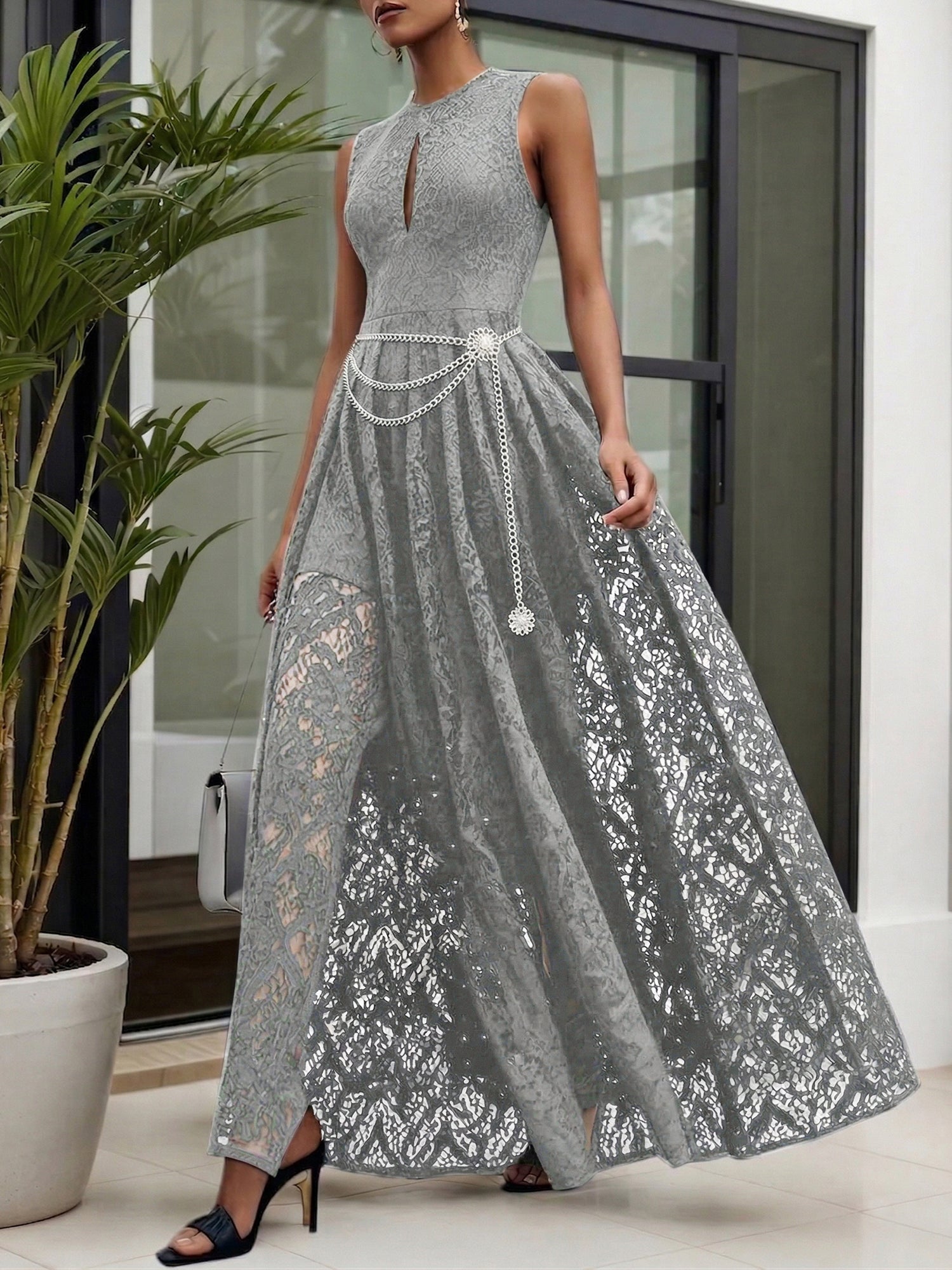 Midnight Black Lace Hollow Out Crew Neck Sleeveless A-Line Maxi Dress